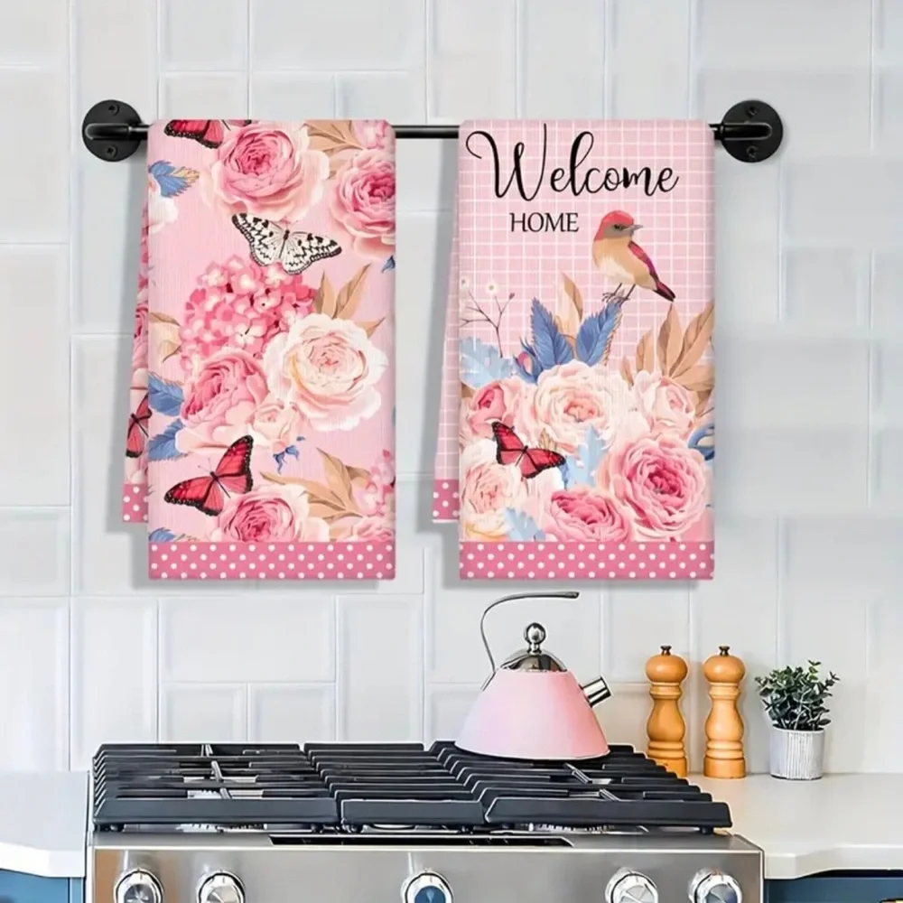 Set of 2 Floral Bird Butterflies Kitchen / Hand Towels